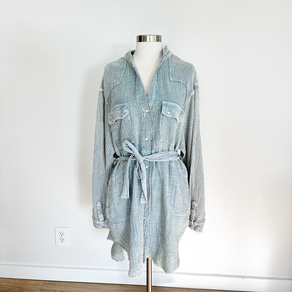 Peach Love California Shirt Dress Womens M Blue Cotton Gauze Belted Oversize